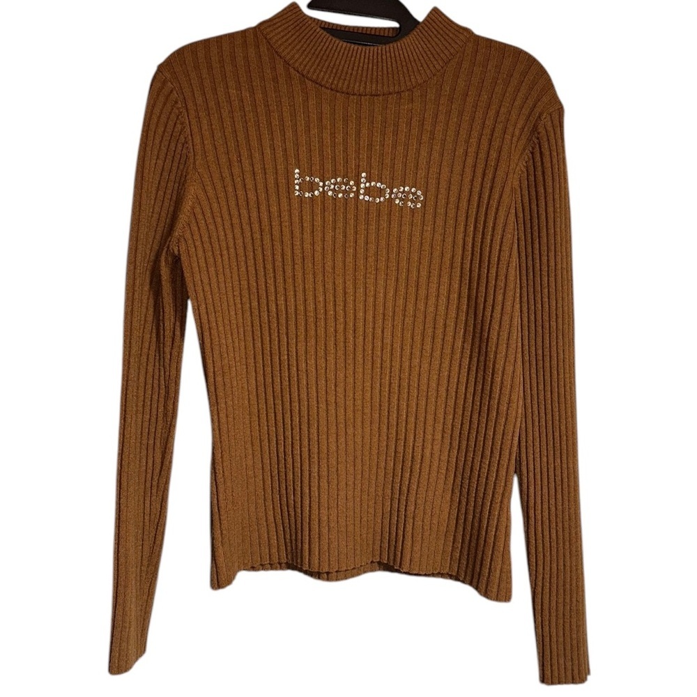 Bebe Rhinestone Logo Ribbed Long Sleeve Crewneck Y2K 90’s Sweater Top - Size L